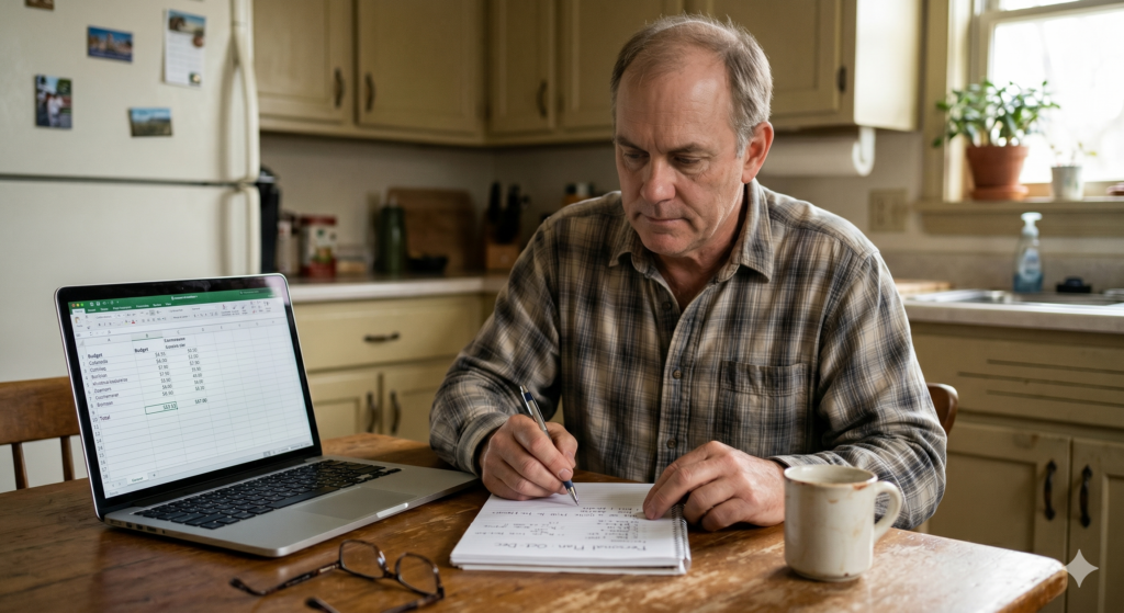 A person in their 50s reviewing a simple budget plan at a kitchen table with a laptop and coffee. starting affiliate marketing after 50