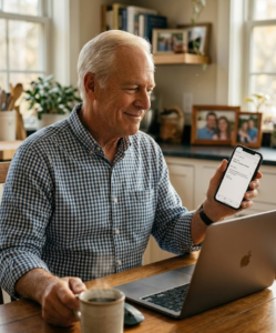 Person over 50 reviewing an email on a laptop with coffee nearby. what is a DMARC report