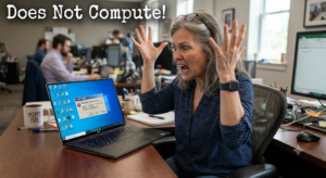 A woman in her 50s looking distressed at a windows computer with a fozen window and the caption, "Does Not Compute!". making extra money online over 50
