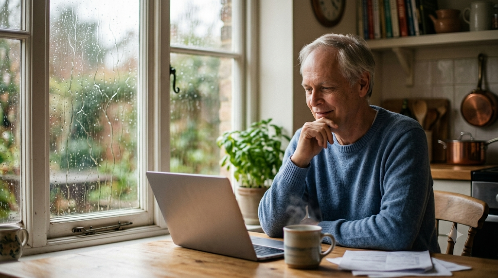 Person over 50 working at a laptop near a rainy window, exploring free online business tools. Free tools for online income