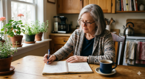 Person reviewing a simple handwritten daily action list with a cup of coffee. shiny object syndrome in online business