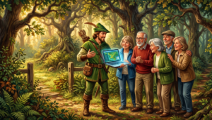 Robin Hood in Sherwood Forest sharing an open laptop with a group of adults over 50, representing modern online income education. Dean Holland Internet Profits