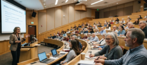 A university amphitheatre with a prof at front and students - many of them older life long learners. why my online business isn't working