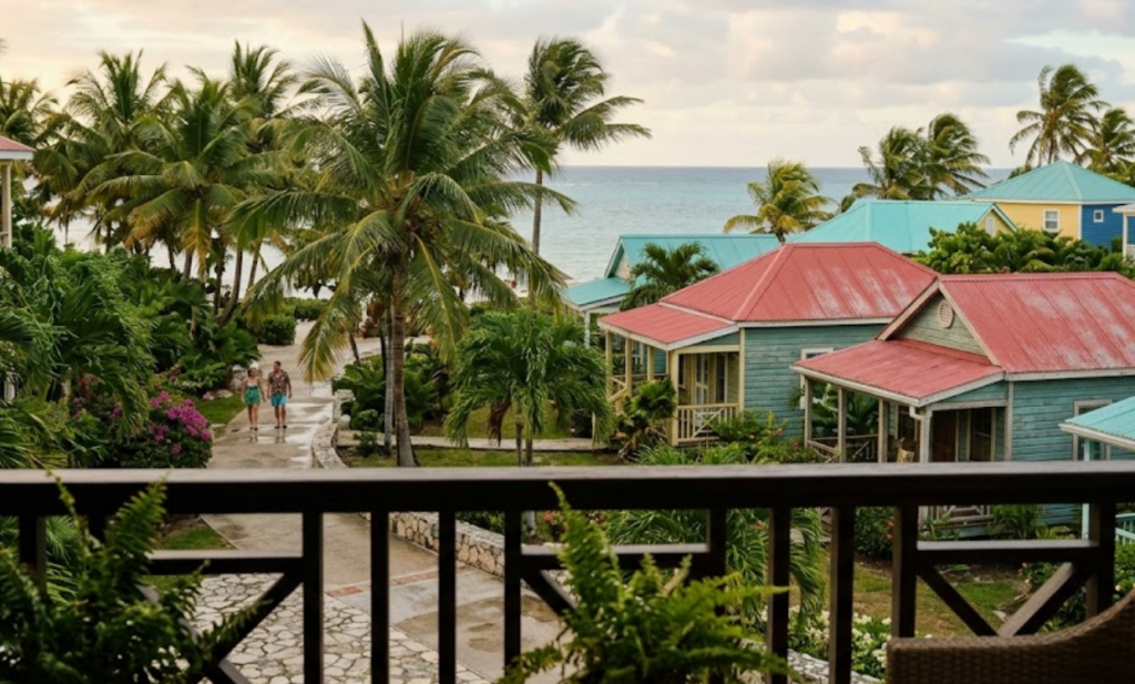 A warm, realistic photo-style image taken from a resort balcony looking out over swaying palm trees toward colorful Caribbean-style bungalows with red and turquoise roofs, a paved walkway below, soft overcast tropical light (not harsh sun), shot to feel candid and personal rather than like a stock travel ad - similar in feel to a real vacation snapshot, not overly polished or saturated. All inclusive Punta Cana over 50.