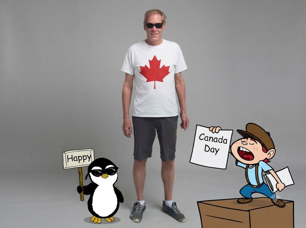 A man standing with a white t-shirt with a red maple leaf printed on it. He is in shorts and his two mascots stand at either side of him. Magic the Penguin , standing at his right side has a sign reading, "Happy". On the man's left is the newspaper guy with no name standing on a soapbox with a paper in hand state, "Canada Day". Over 50 and loves to travel is the man's motto.