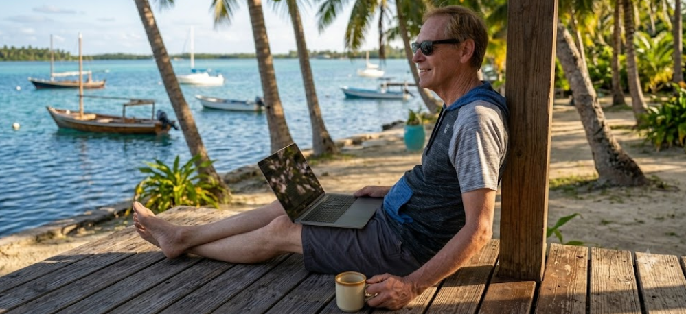 A tropical traveller enjoying a beach side setting, sitting on a patio on the beach with laptop in his lap and a coffee at hand.